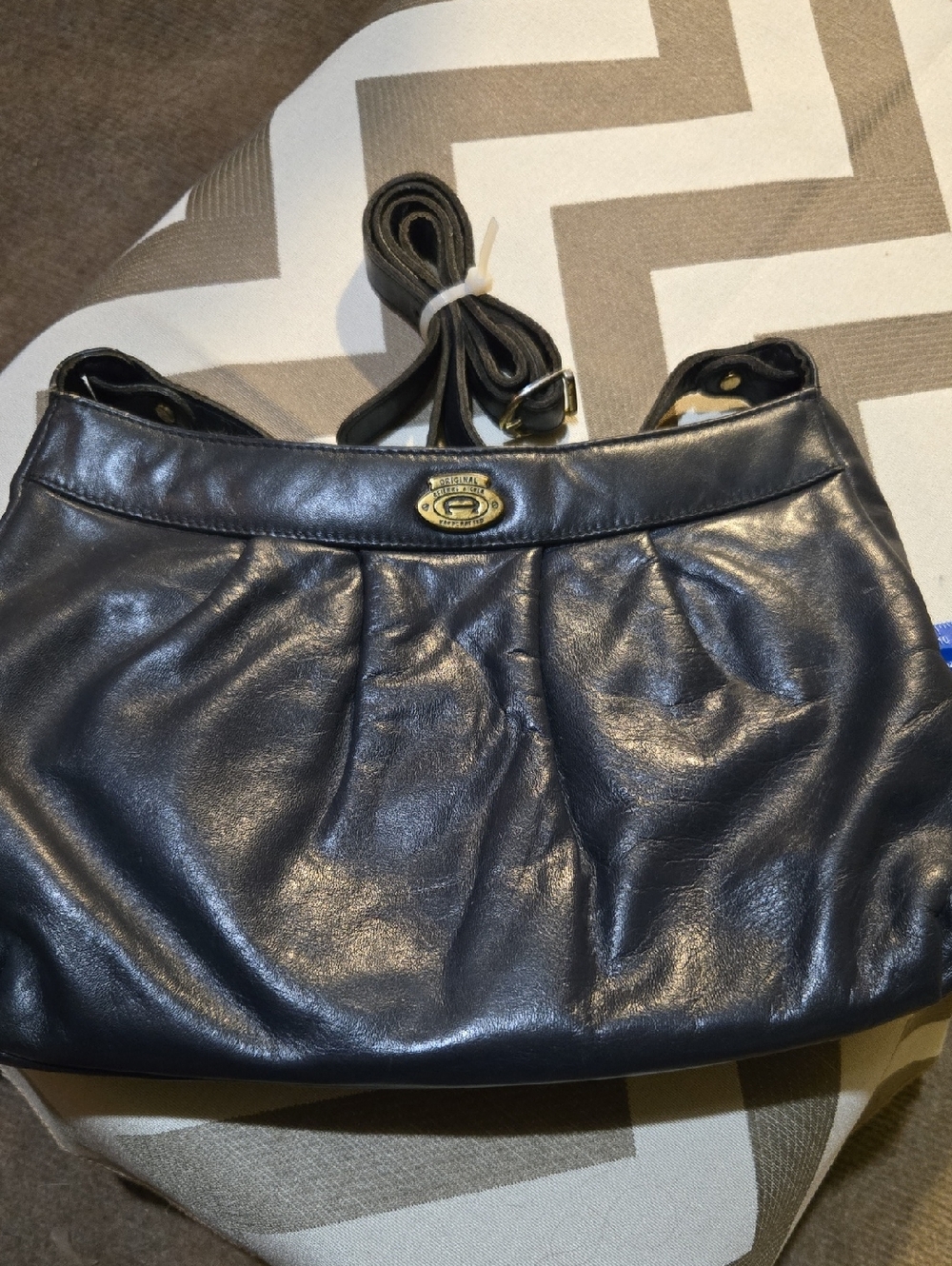Etienne Aigner Navy Leather Shoulder Hobo with Gold-Tone Logo